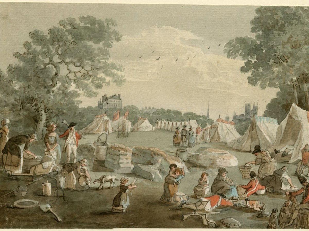 An 18th-century camp with soldiers, women and children at their daily work among the tents